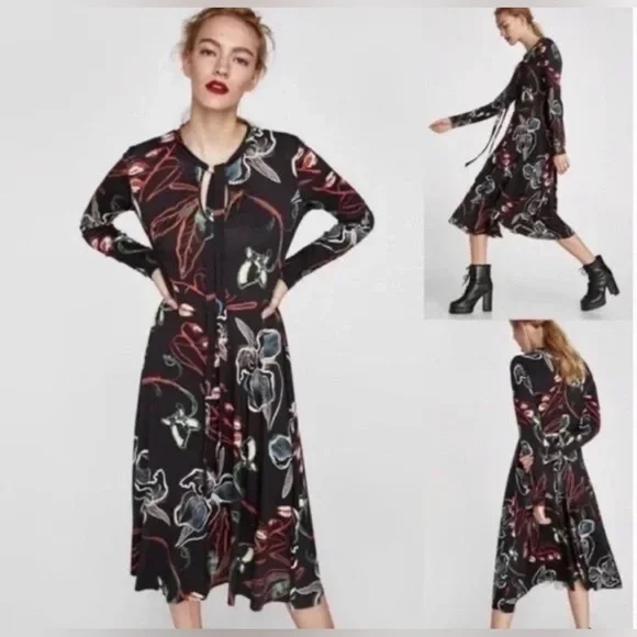 Zara Keyhole Midi Floral Dress size L - Picture 2 of 16